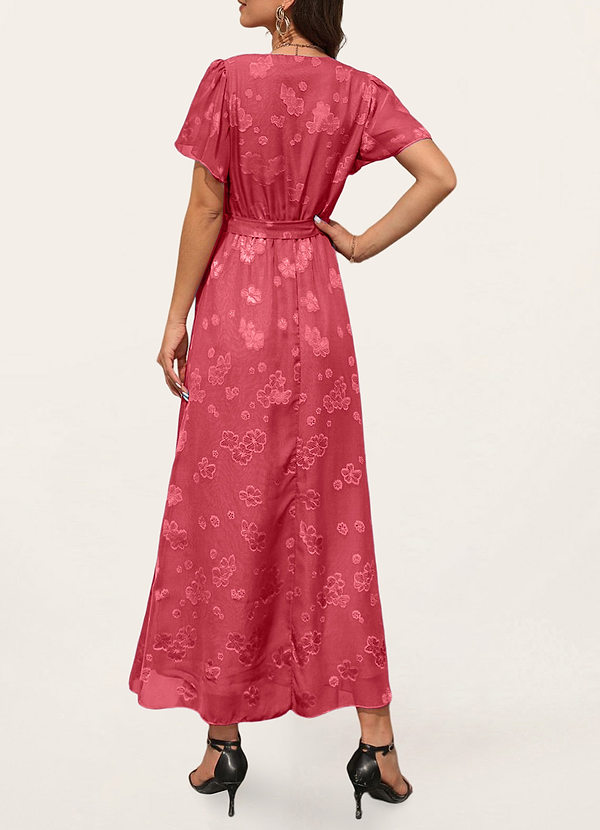 back Belle pour aujourd'hui Rouge Robe maxi fleurie à manches courtes et dévoré