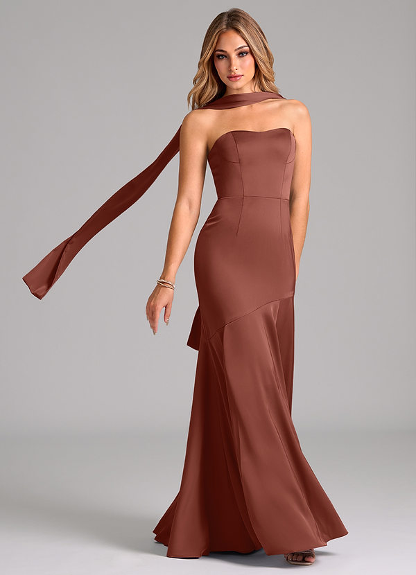 Azazie Shiloh Brautjungfernkleider Wandelbar Meerjungfrau-Linie Schulterfrei Stretch-Satin Kleid Rotbraun image1