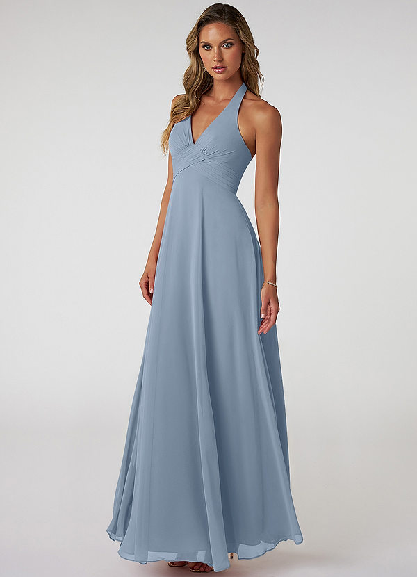 Azazie Tessie Bridesmaid Dresses Dusty Blue A-Line V-Neck Pleated Chiffon Dress image1