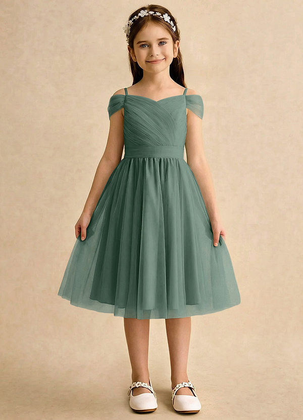 Azazie Lila Girls Formal Robes de Fillette d'Honneur Robe Trapèze en Tulle Épaule décolletée Eucalyptus image1