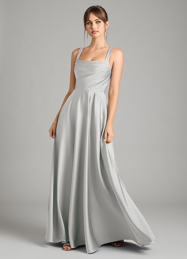 Azazie Shaude Bridesmaid Dresses Silver A-Line Pleated Stretch Satin Dress image1