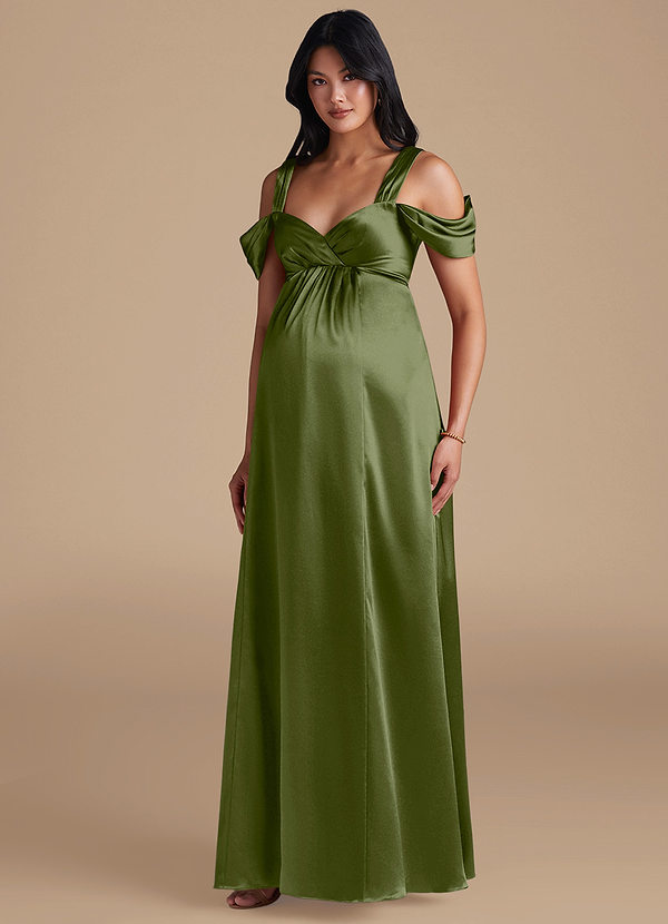 Azazie Rhea Maternity Bridesmaid Dresses A-Line Pleated Metallic Satin Floor-Length Dress image1
