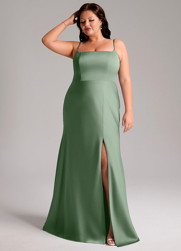 Azazie Lidia Abiti da Damigella Abito Sirena in Raso Elasticizzato Spacco Laterale Matcha image1