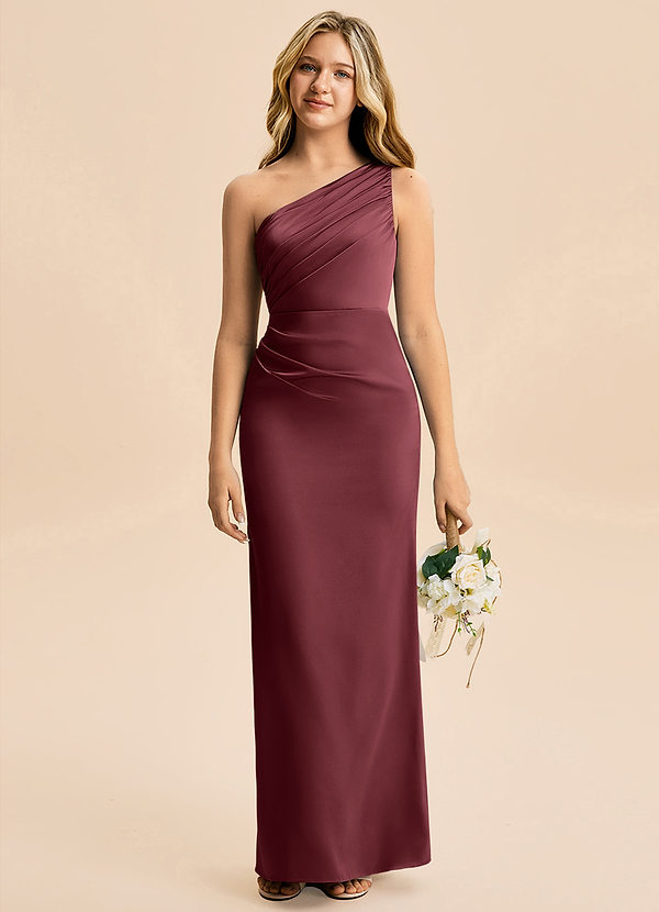 Azazie Akilah Junior Merlot Sheath Pleated Stretch Satin Dress image1