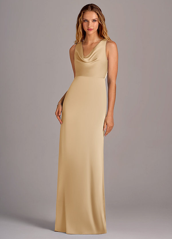 Azazie Wrenlee Bridesmaid Dresses Gold A-Line Stretch Satin Dress image1