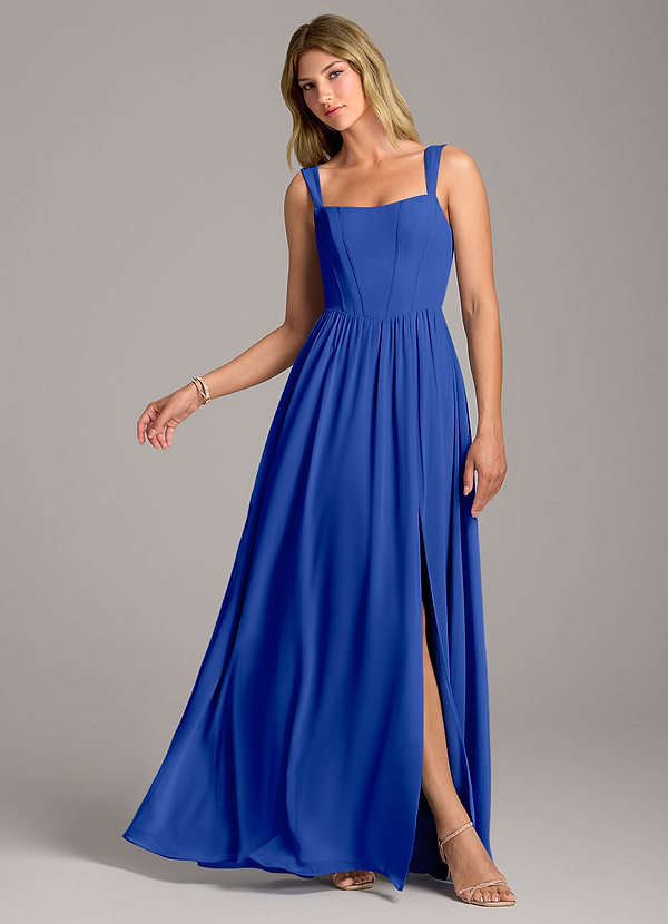 Azazie Rosaline Bridesmaid Dresses Royal Blue A-Line Side Slit Chiffon Dress image1
