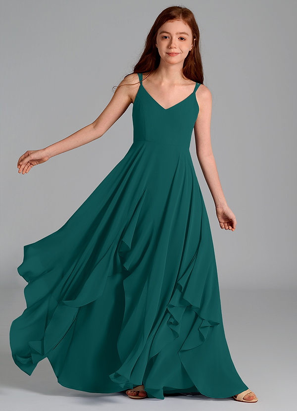 Azazie Karan Junior Abito A-Line in Chiffon Verde Pavone image1