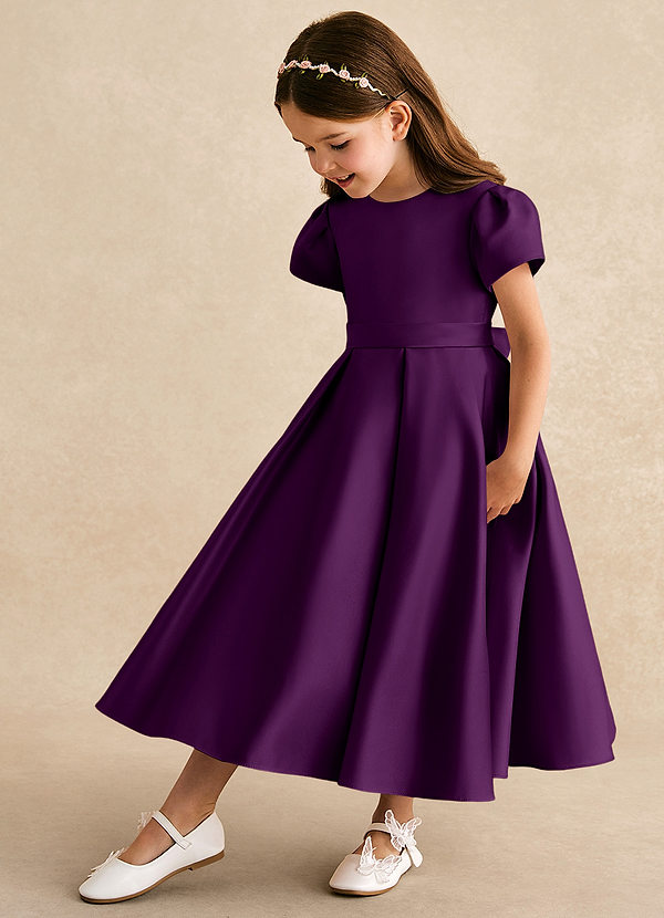 Azazie Princess Flower Girl Dresses Grape A-Line Pleated Matte Satin Dress image1