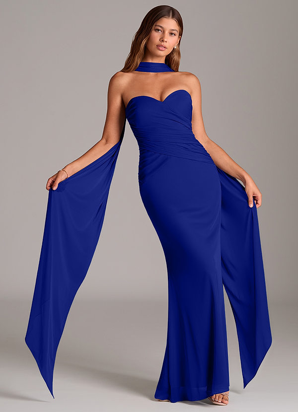 Azazie Katelyn Bruidsmeisjes Jurken Converteerbaar Jurk van Mesh met Kolom Strapless Koningsblauw image1