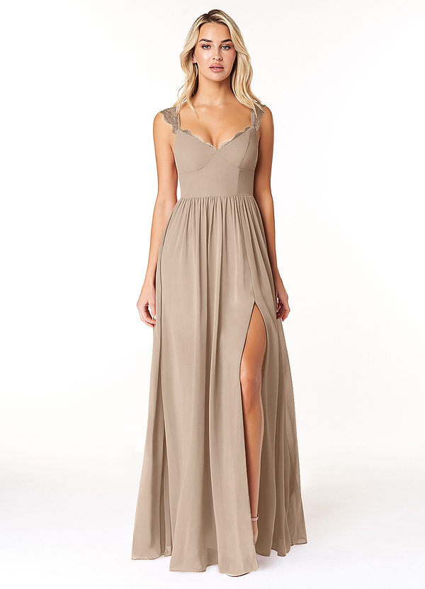 Azazie Cleobella Bridesmaid Dresses Taupe A-Line Sweetheart Lace Chiffon Dress image1