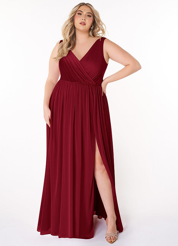 Azazie Tanicia Bridesmaid Dresses Burgundy A-Line V-Neck Pleated Mesh Dress image1