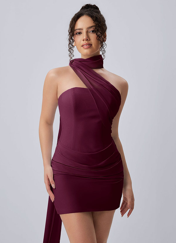 Henriette Cabernet Asymmetric Halter Draped Open Back Mini Dress image1