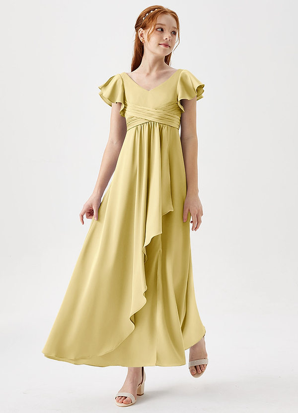 Azazie Omari Junior Lemon Sorbet A-Line Pleated Stretch Satin Dress image1