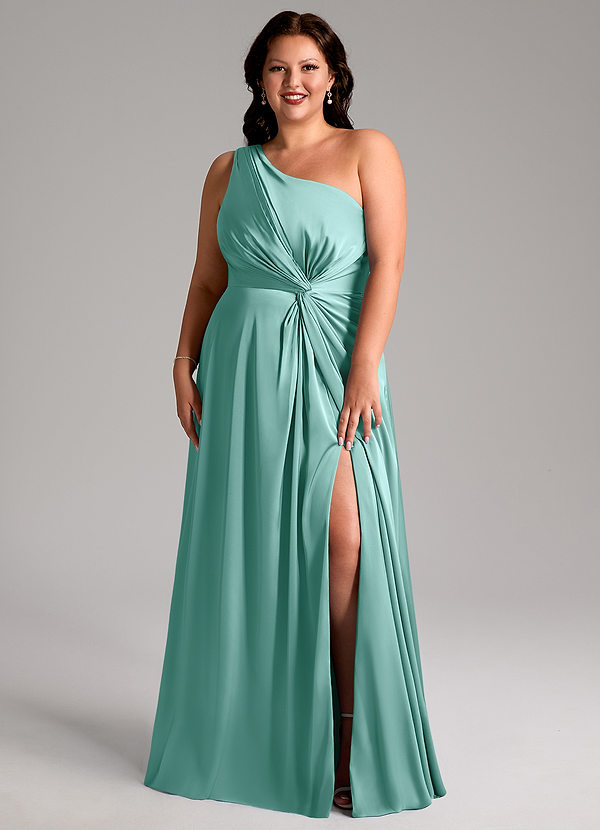Azazie Brooke Bridesmaid Dresses Aqua A-Line One Shoulder Stretch Satin Dress image1