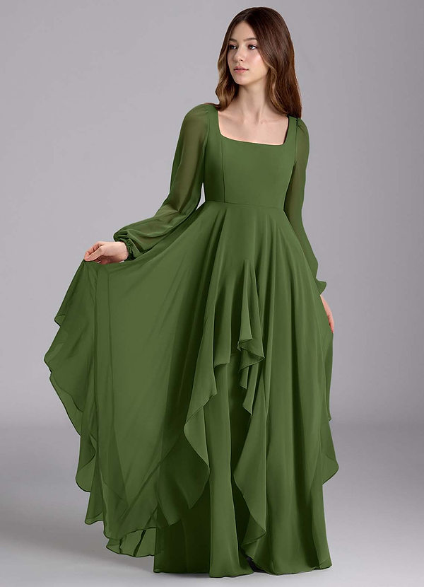 Azazie Clara Junior Robe Trapèze en Mousseline de soie Blouson Olive image1