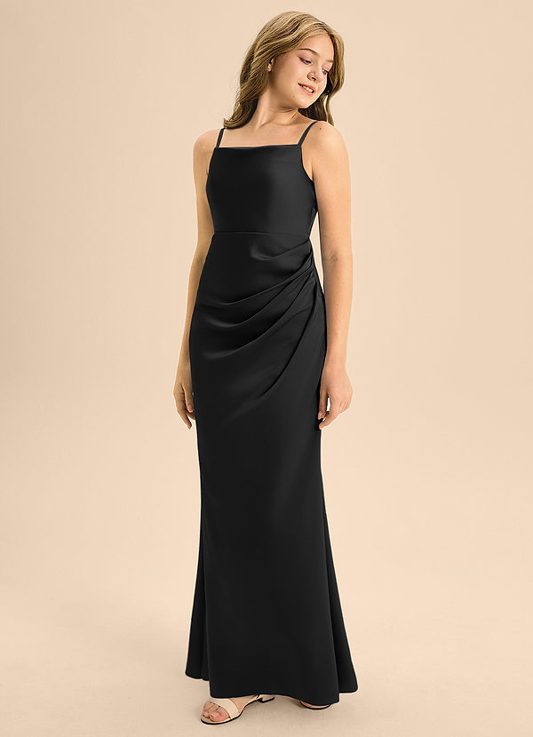 Azazie Renna Junior Black A-Line Pleated Stretch Satin Dress image1