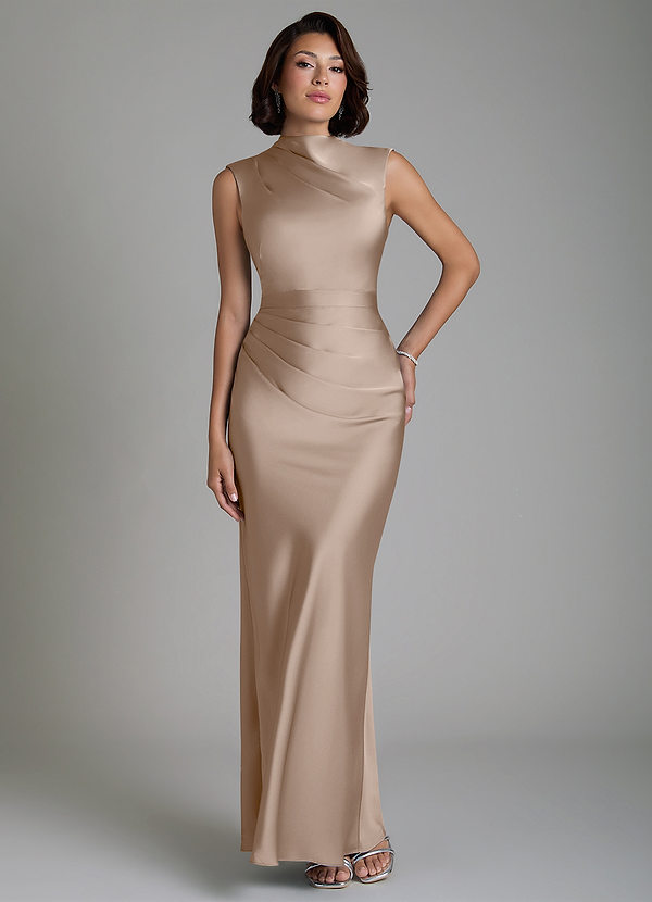 Azazie Lumia Robes de demoiselle d'honneur Robe Fourreau en Satin extensible Corset Taupe image1