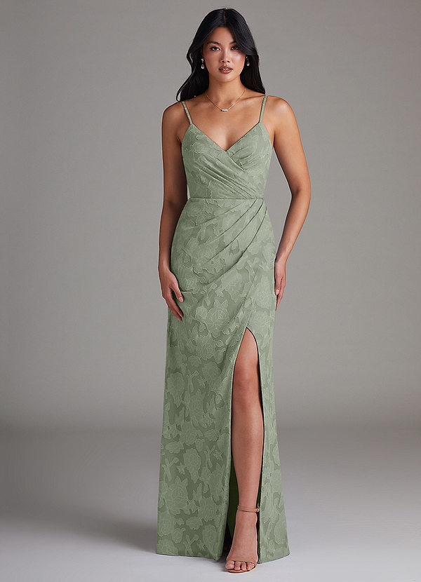 Azazie Maci Bridesmaid Dresses Agave Sheath Pleated Floral Burnout Dress image1