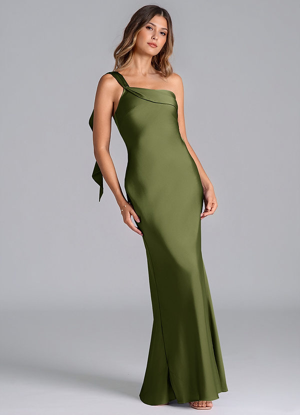 Azazie Driea Brudtärneklänningar Klä av Sjöjungfru i Stretch Satin Ena axeln Oliv image1