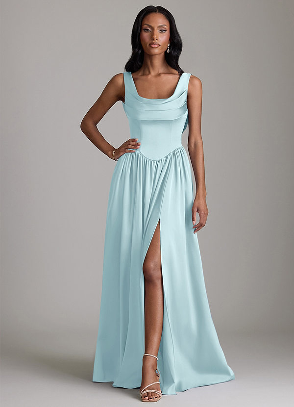 Azazie Novi Bridesmaid Dresses Vestido Nuvem Azul de Cetim elástico de Linha A com com bolsos image1