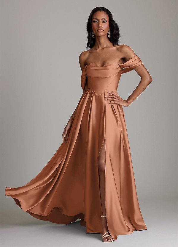 Azazie Loisa Abiti da Damigella Abito A-Line in Raso Elasticizzato a Spalla Scoperta Bronzo image1