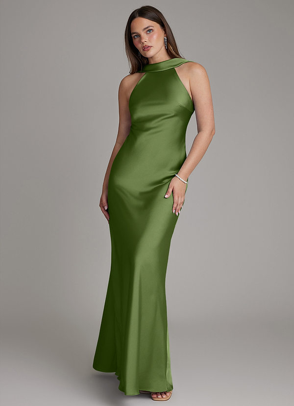 Azazie Dimitra Bridesmaid Dresses Juniper A-Line Pleated Stretch Satin Dress image1