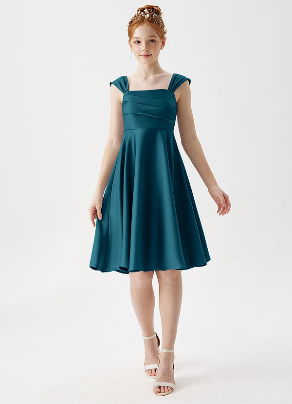 Azazie Amira Junior Ink Blue A-Line Pleated Stretch Satin Dress image1