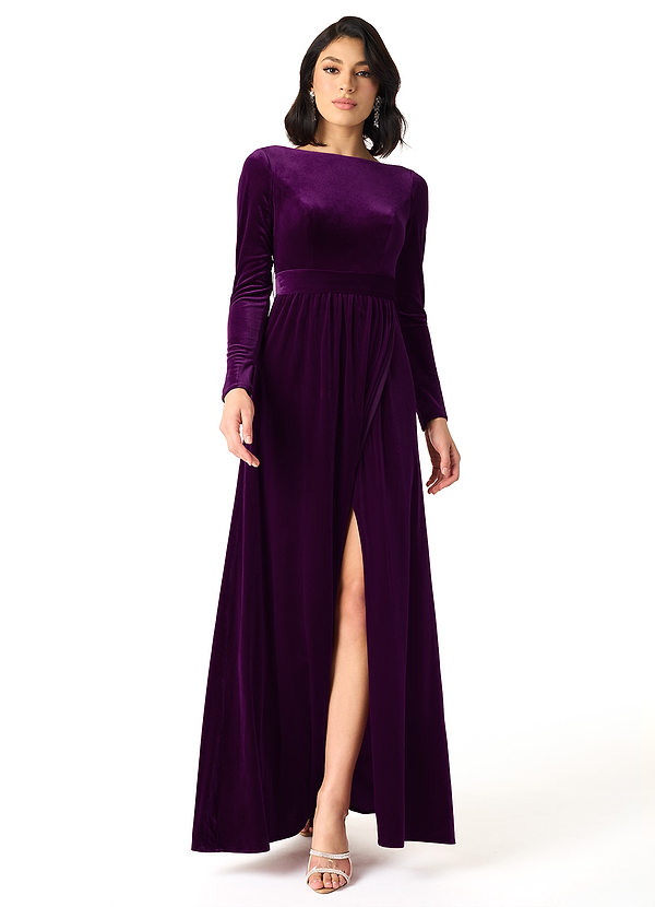 Azazie Brynn Bridesmaid Dresses Grape A-Line Long Sleeve Velvet Dress image1