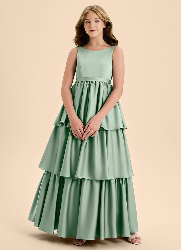 Azazie Meadowyn Junior Vestido de Agave de Satén Elástico de Corte En A con Lazo image1