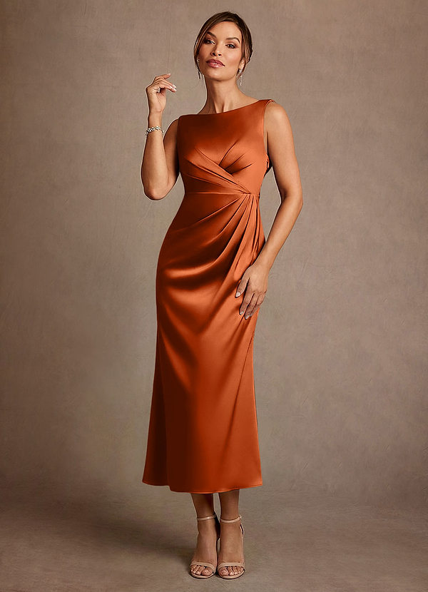 Azazie Mazhe Mother of the Brides Dresses Burnt Orange A-Line Pleated Stretch Satin Dress image1