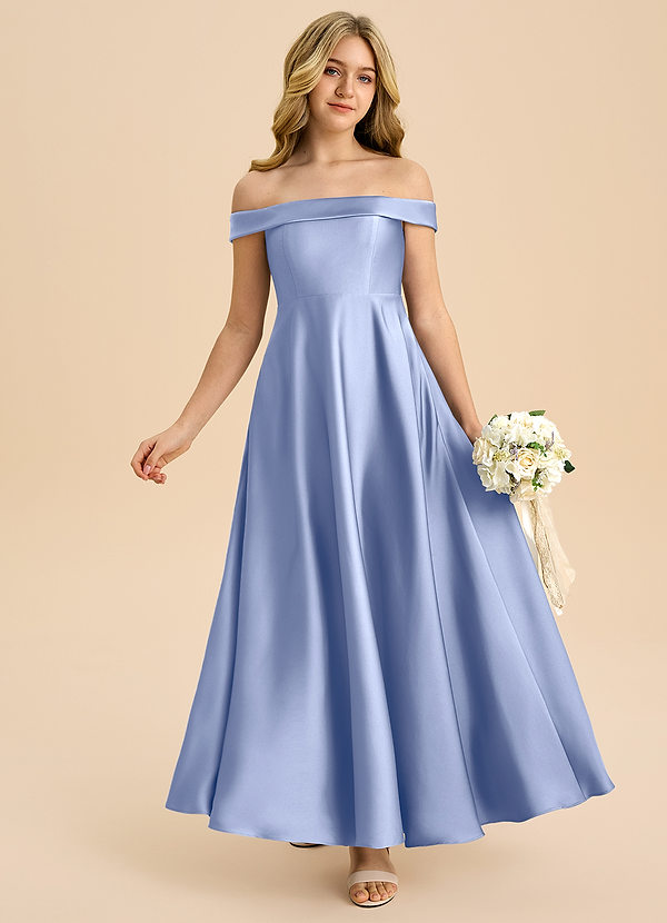 Azazie Sissy Junior Ice A-Line Off the Shoulder Stretch Satin Dress image1