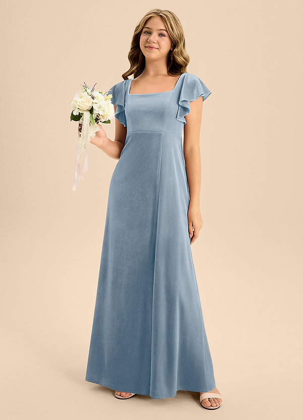 Azazie Bondi Junior Dusty Blue A-Line Bow Velvet Dress image1