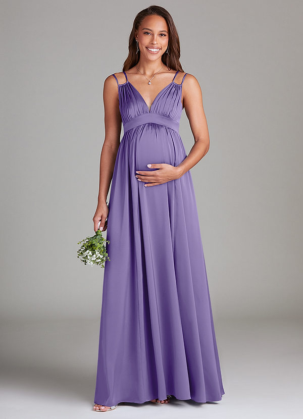 Azazie Emree Maternity Bridesmaid Dresses A-Line Stretch Satin Floor-Length Dress with Pockets image1