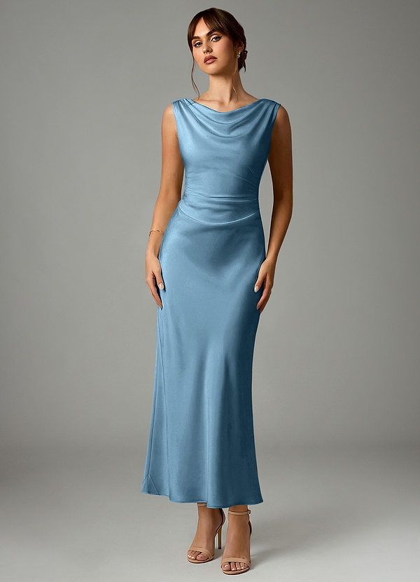 Azazie Kieryn Robes Demoiselle d'honneur Robe Sirène en Satin extensible Plissée Acier Bleuté image1