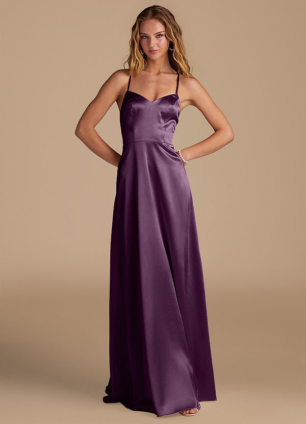 Azazie Mei Brautjungfernkleider A-Linie Herzausschnitt Metallischer Satin Kleid Pflaume image1