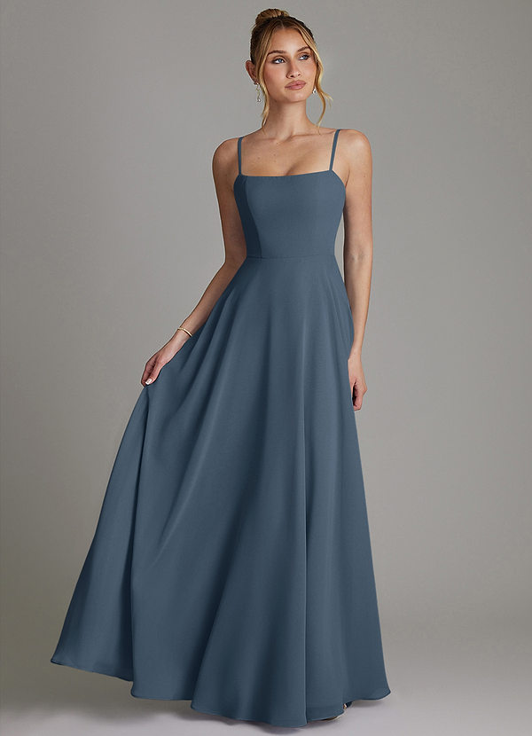 Azazie Elita 신부 들러리 드레스 A라인 주름진 쉬폰 바닥 길이 드레스 image1