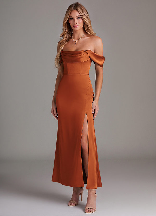 Azazie Saige 신부 들러리 드레스 인어 오프 더 숄더 스트레치 새틴 발목 길이 드레스 image1