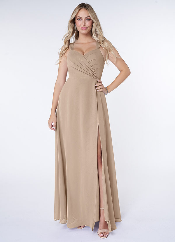 Azazie Nahrin Abiti da Damigella Abito A-Line in Chiffon con Scollo a V a Pieghe Taupe image1