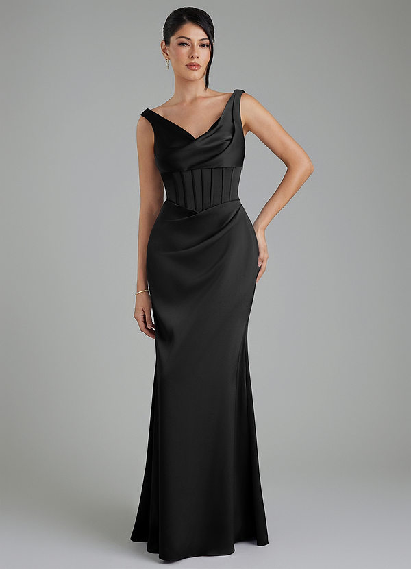 Azazie Spencer Bridesmaid Dresses Black Mermaid Pleated Stretch Satin Dress image1