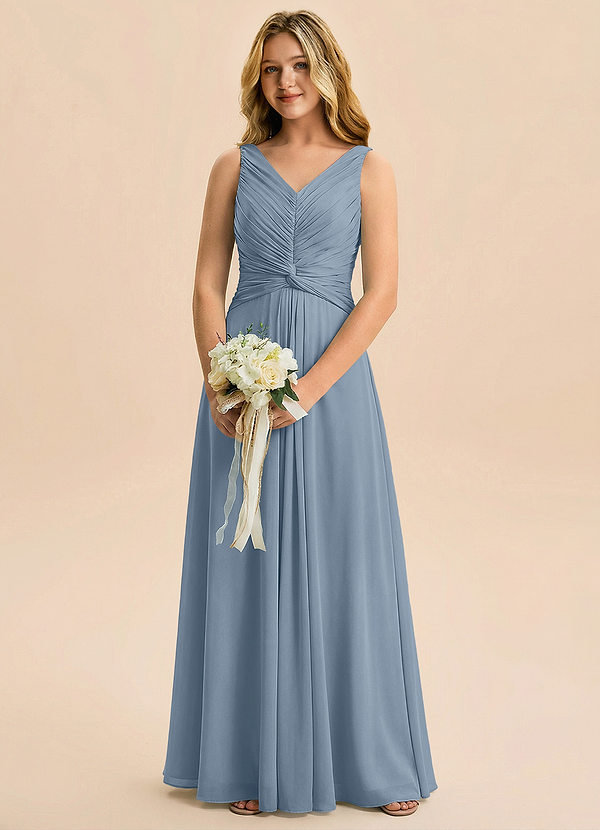 Azazie Freya Junior Jurk van Chiffon met A-Lijn Geplooid Stoffig Blauw image1