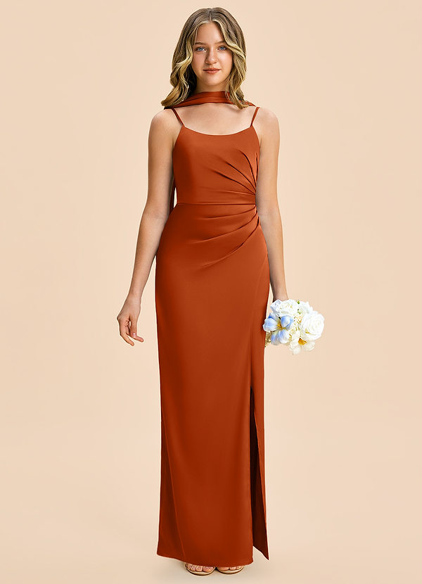 Azazie Calandra Junior Burnt Orange Sheath Pleated Stretch Satin Dress image1