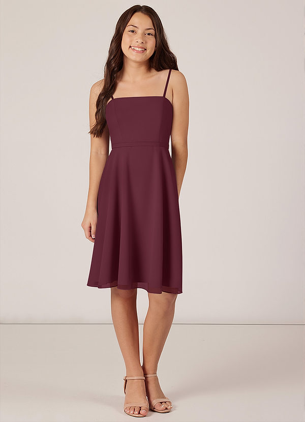Azazie Kalie Junior Cabernet A-Line with Belt Chiffon Dress image1