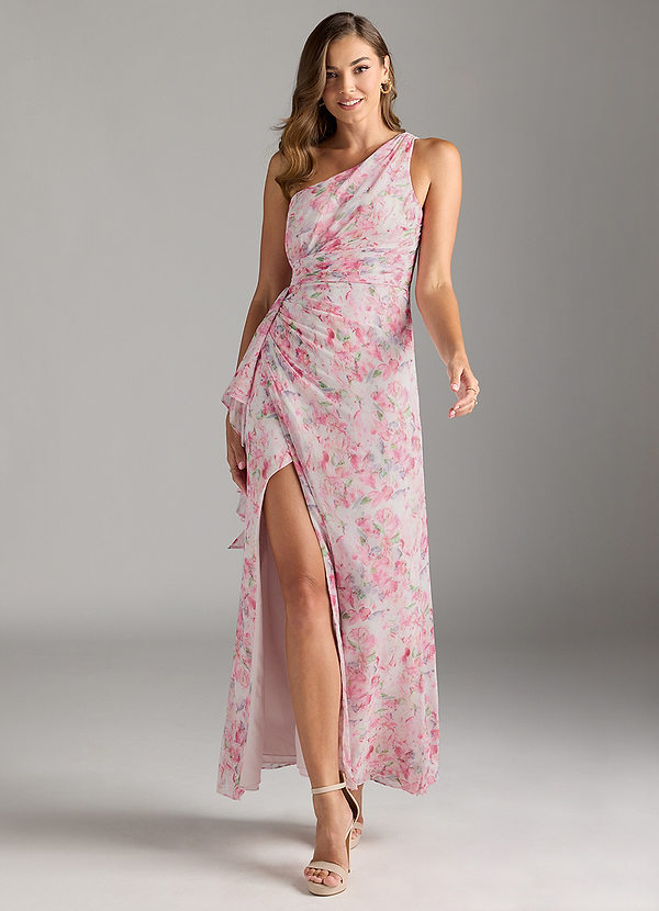 Azazie Maive Bridesmaid Dresses Abstract Watercolor Floral Sheath Pleated Ruffle Chiffon Dress image1
