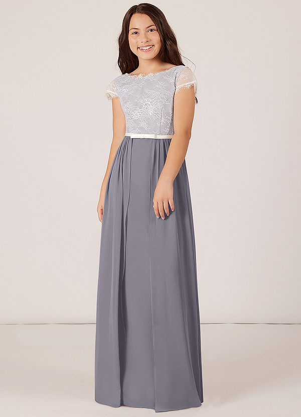 Vestido Largo De Dama De Honor Junior Con La Parte Superior De Encaje Y Mangas Medio Largas Ciruela