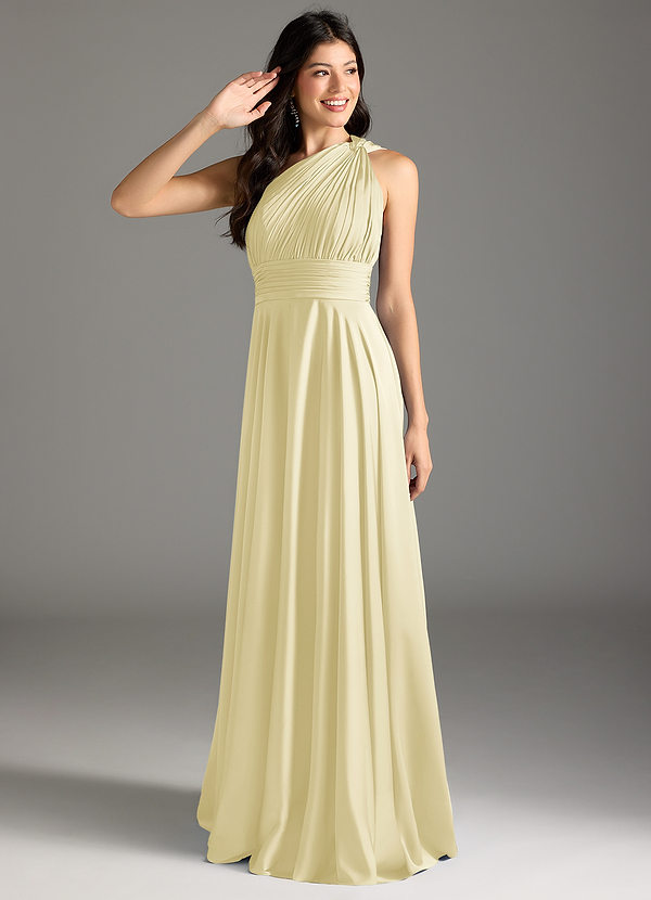 Azazie Charlize Bridesmaid Dresses Lemon Sorbet A-Line One Shoulder Stretch Satin Dress image1