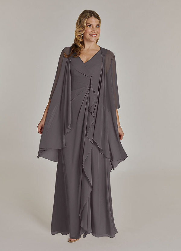Azazie Manuella Mother of the Brides Dresses Steel Grey A-Line V-Neck Pleated Chiffon Dress image1