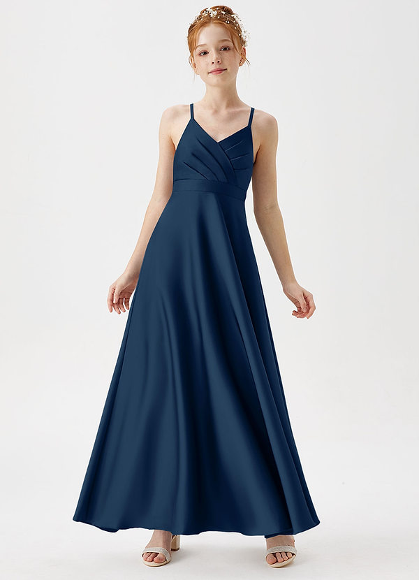 Azazie Avelina Junior A-Linie Plissee Stretch-Satin Kleid Dunkelmarine image1
