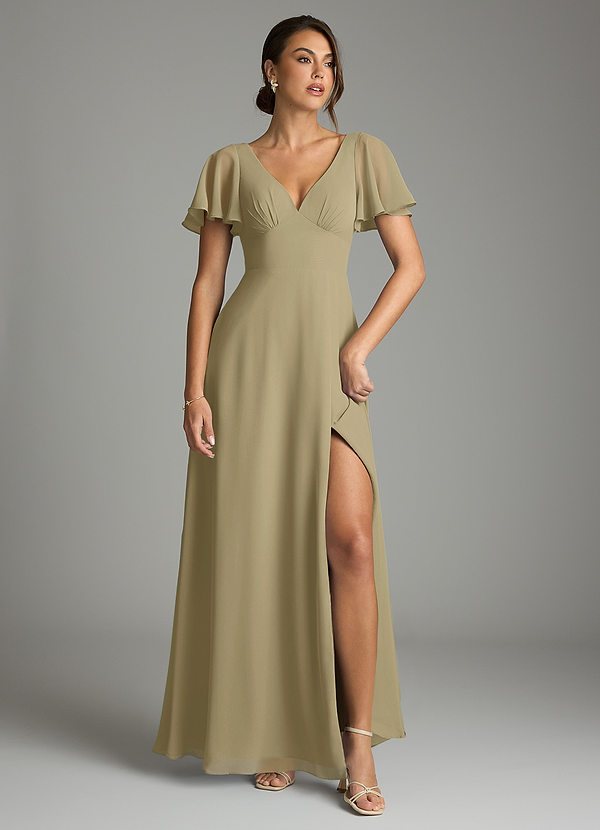 Azazie Kimber Bridesmaid Dresses Moss Green A-Line Flounce Sleeve Chiffon Dress image1