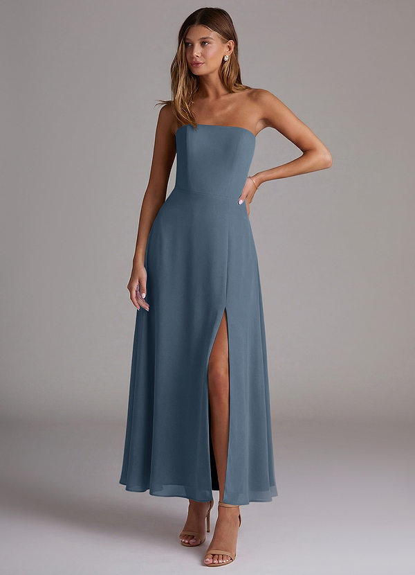 Azazie Wren 신부 들러리 드레스 A라인 스트랩리스 쉬폰 발목 길이 드레스 image1