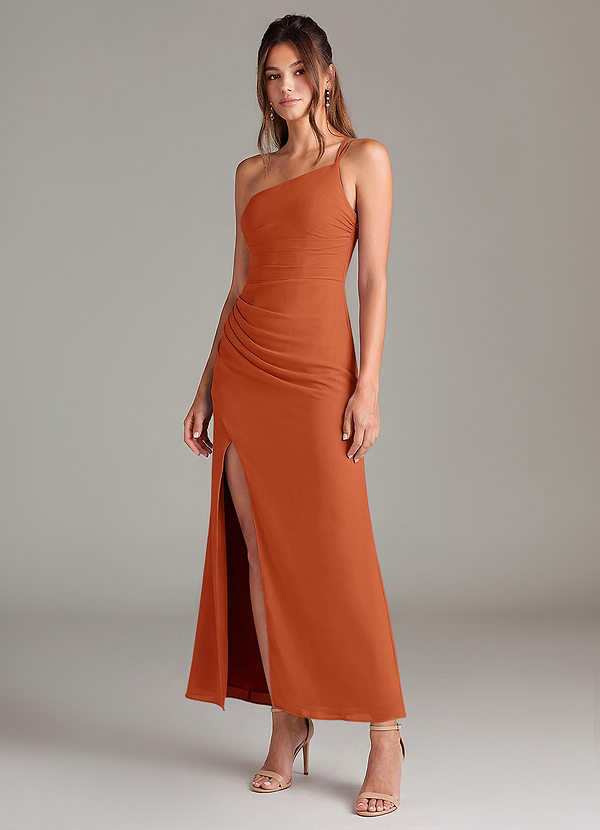 Azazie Eren 신부 들러리 드레스 인어 한쪽 어깨 쉬폰 발목 길이 드레스 image1